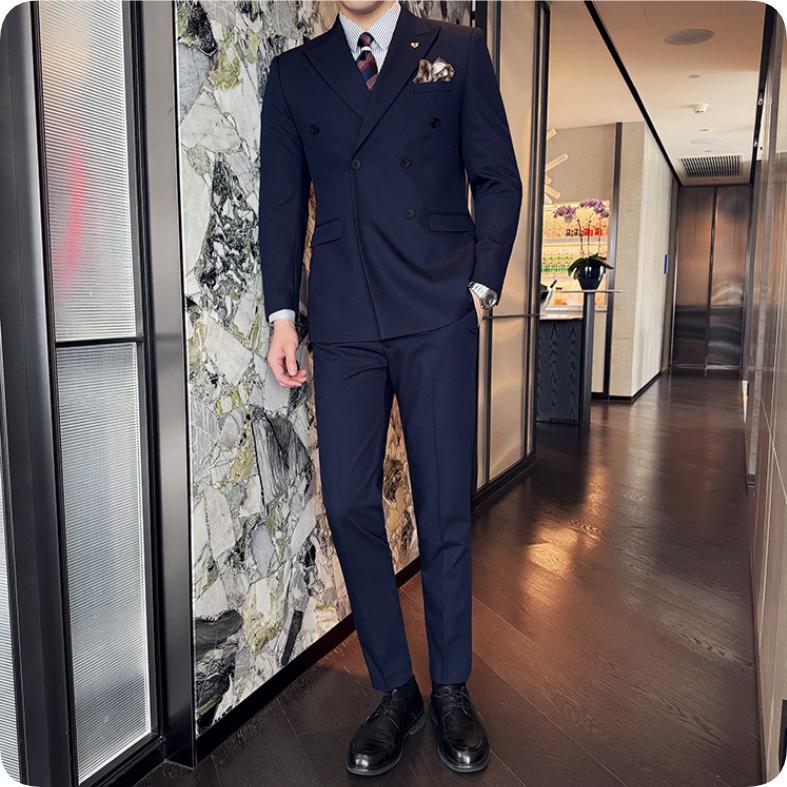 Herren Langarm Schleifenhals Zweireiher Anzug, High-End Business Casual einfarbiger Anzug
