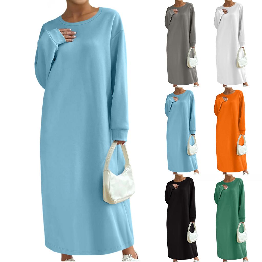 Dámské jednobarevné módní šaty s dlouhým rukávem a kulatým výstřihem