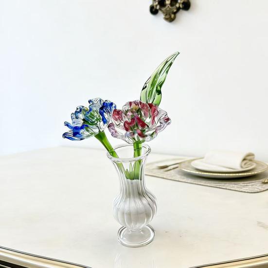 Mini Glass Flower Figurine Hand Blown Small Faux Crystal Carnation/Lily/Peony Flower Bouquet In Vase for Mother's Day Birthday Table Centerpiece