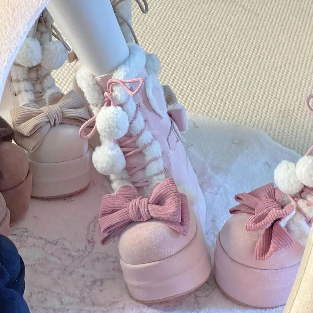 Sweet Winter Girls Lolita Mid-Calf Snow Boots,Cute Female Students Plush Warm Bowknots Lace Up Wedge Heel Heightening Shoes