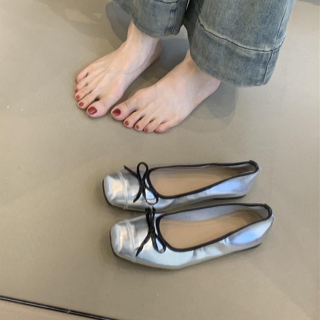 Lan Cabinet Edition~ Französischer Xiaoxiangfeng Schleife Leichte Mund Ballerina Einzelne Schuhe Damen Vielseitig Quadratische Zehenpartie Sanfte Flache Oma-Schuhe