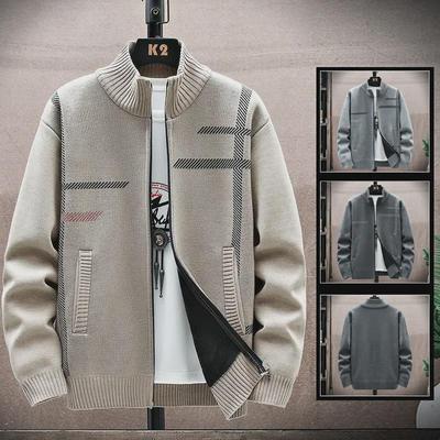 Men's 2023 Velvet-Lined Knitted Cardigan: Warm, Printed, Long Sleeve, Stand Collar Jacket for Autumn/Winter.