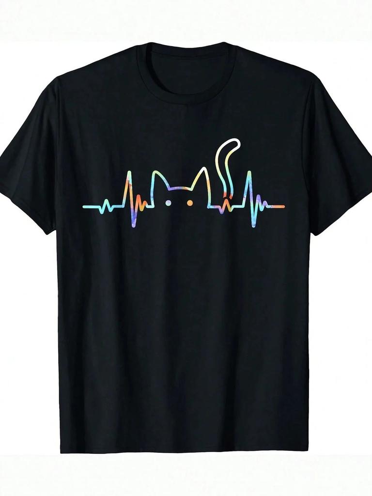 Heartbeat Cat Graphic T-Shirt | Casual & Stylish, Round Neck Sizes S-5XL