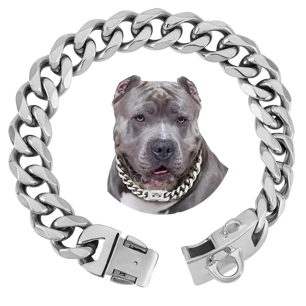 Titanium Steel Dog Chain Collar Harnesses 15mm Stainless Steel Gold Collar 19mm Silver for Small Dogs Pet Products Supplies