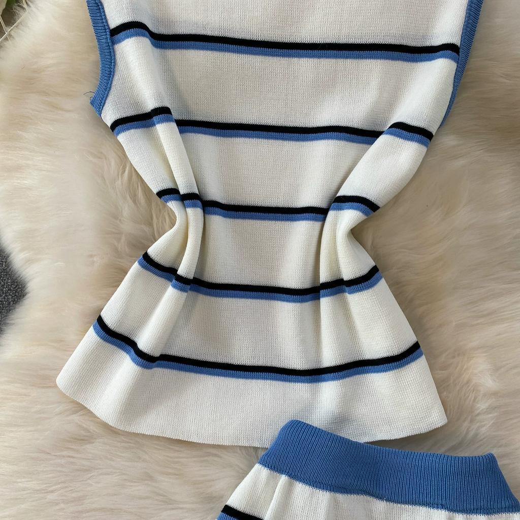 Casual Striped Crew-Neck Sleeveless Knit Top and High-Waisted Slimming Bodycon Midi Skirt Sets Summer Knitted Two Piece Sets for Women