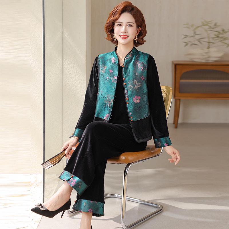 

Mom s Spring/Autumn Gold Velvet Chinese Style Vest Jacket Three-Piece Suit for Middle-Aged and Elderly Women XL [90-105 lbs]