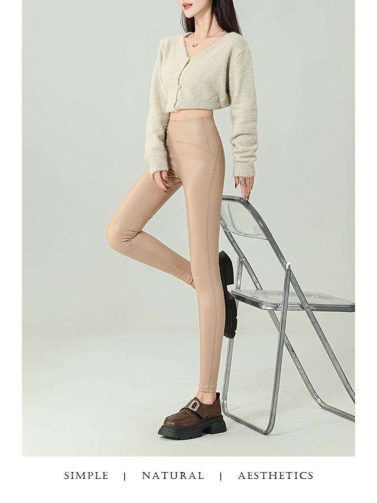 2024 High-End Women's Fleece-Lined Leather Leggings - High Waist, Skinny Fit