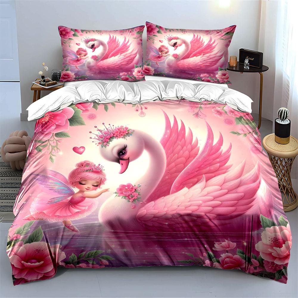 Pink Fairy And Swan Fantasy Set  Kid'S And Adults' Bedroom Decor, Exquisite Three-Piece Bedding Set Gift