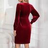 2025 cross-border Europe, America, autumn and winter new split-ended slim-fitting leg of lamb sleeves square collar casual velvet long-sleeved dress 