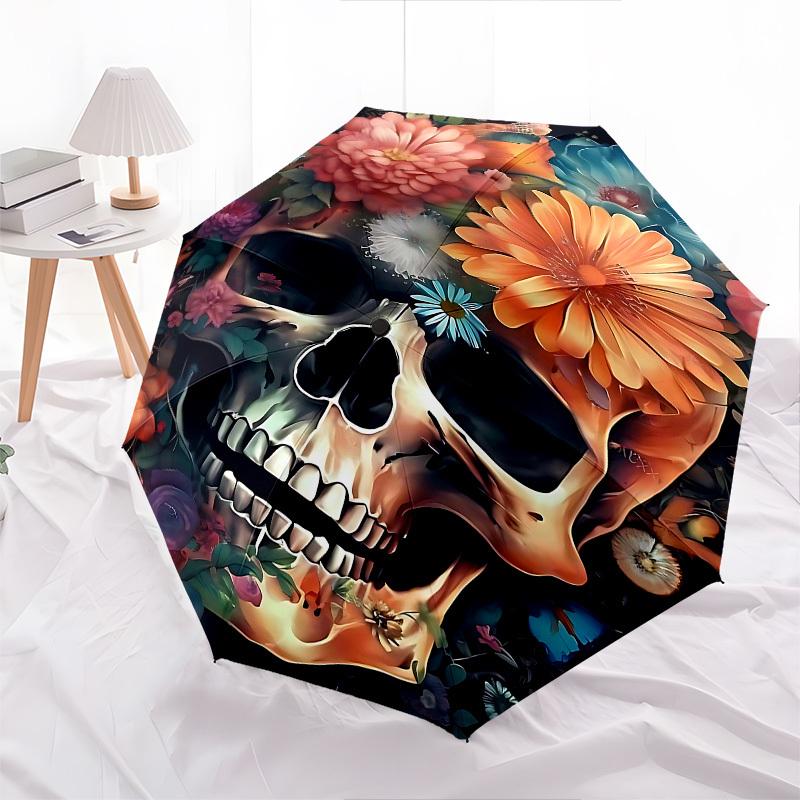 1pc skull flowers umbrella with 8 iron ribs and a plastic handle, automatic opening and closing, and daily use.1043