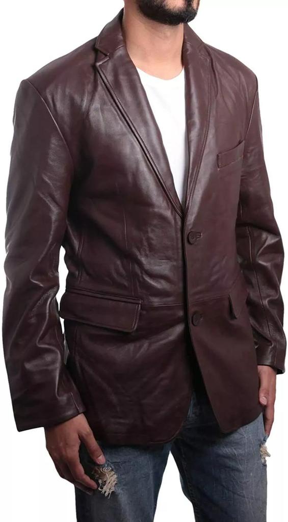 Burgundy Handmade Leather Lambskin Business Blazer Formal Men Stylish Genuine