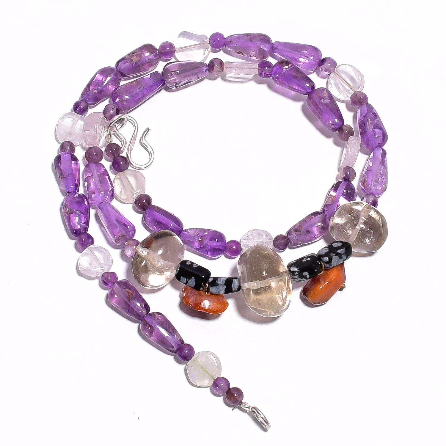 

Natural Amethyst Smoky Quartz Carnelian Gemstone Beads Necklace 17 UB-4659 UB-4659