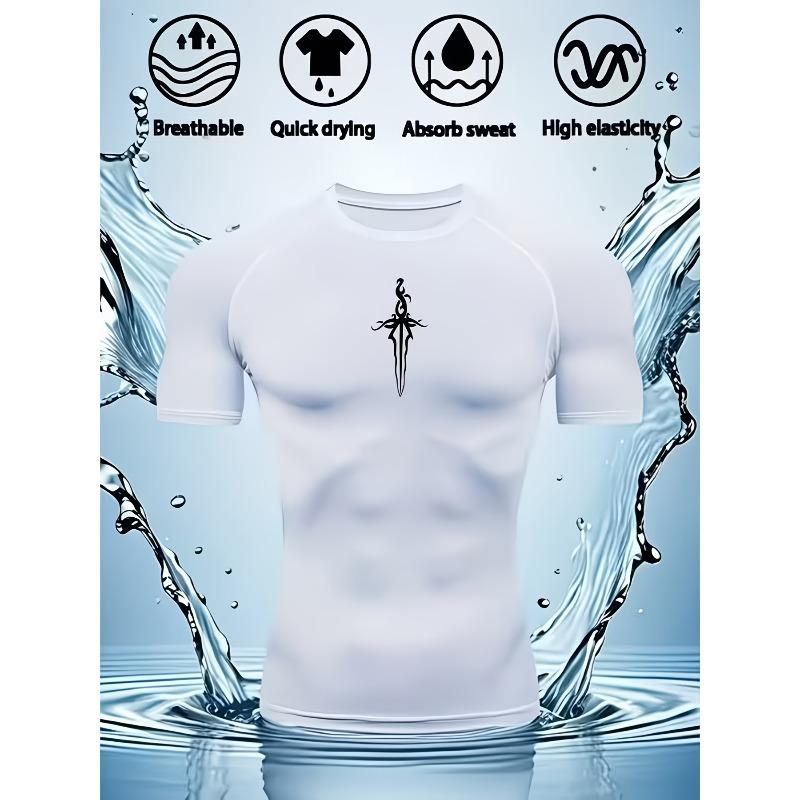 Men's Compression Shirt Quick Dry White Gym T-Shirt Black Gothic Sword Print Workout Sportswear