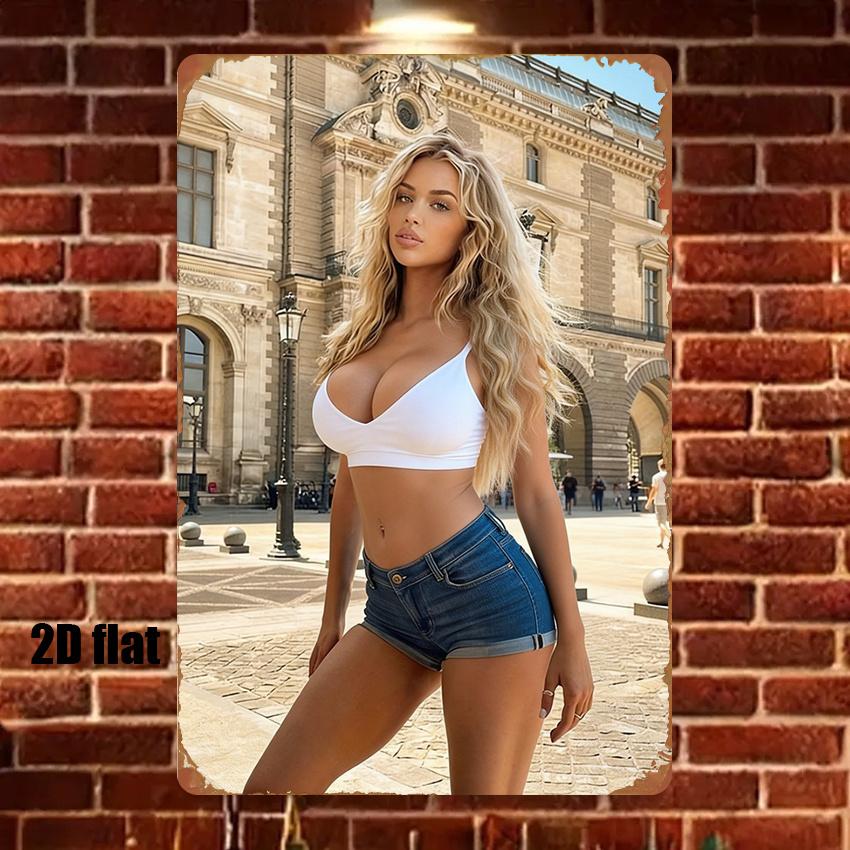 

Retro Punk Girl Metal Sign xin White Crop Top Blue Denim Shorts Wall Art Decor for Living Room Game Room Unique Gift Idea 20x30cm（7.8x11.8inch）