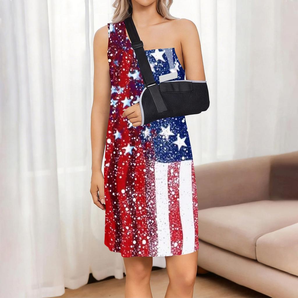 Sleeveless Knee Length Dress with Tear Away Design for Shoulder Surgery Recovery Fourth of July Star Print Summer Casual Dress