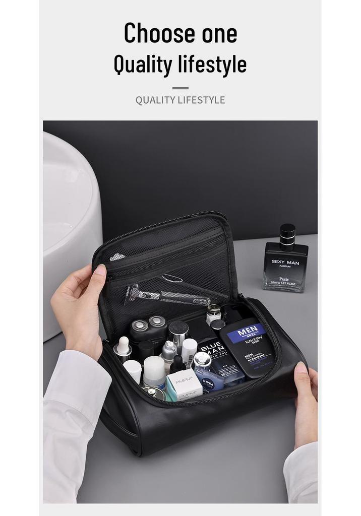 Men's PU Leather Handheld Cosmetic Bag: High-Capacity Waterproof Toiletry Travel Case