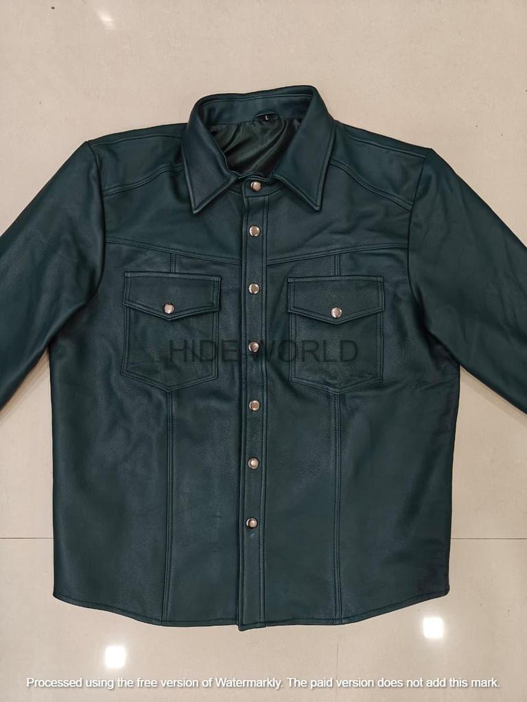 Formal Genuine Leather Classic Lambskin Green Men Stylish Casual Handmade Shirt