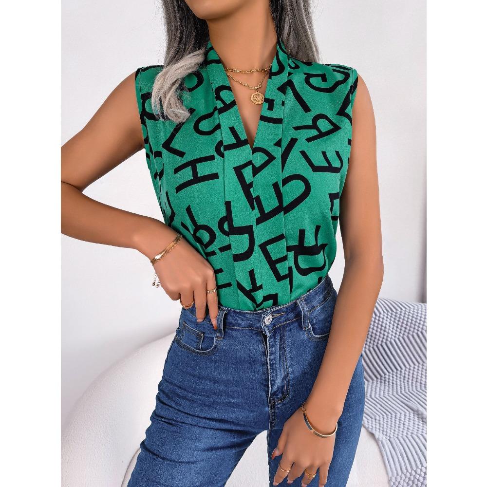 

Весенне-летний повседневный шифоновый топ с V-образным вырезом и надписью для поездок на работу XL зелёный