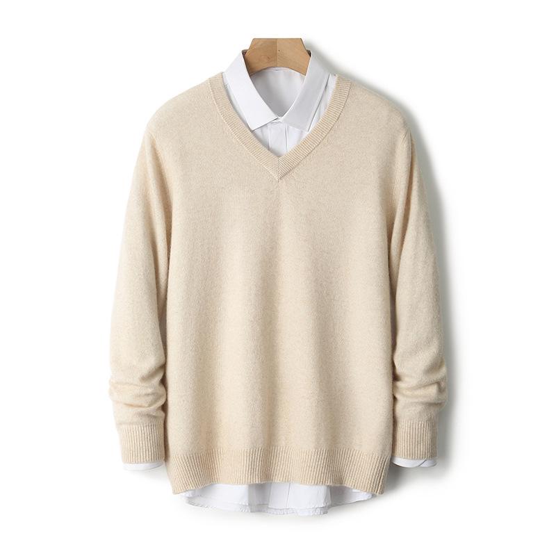 Men's V-Neck 100% Pure Wool Sweater - Solid Color, Short/Long Sleeve, Cashmere Knit Base Layer for Autumn/Winter
