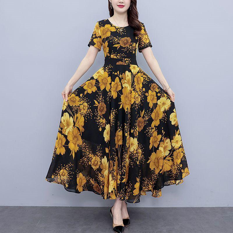 Elegant Fashion Harajuku Slim Fit Female Clothes Casual All Match A-line Skirt Patchwork Printed O Neck Short Sleeve Dresses