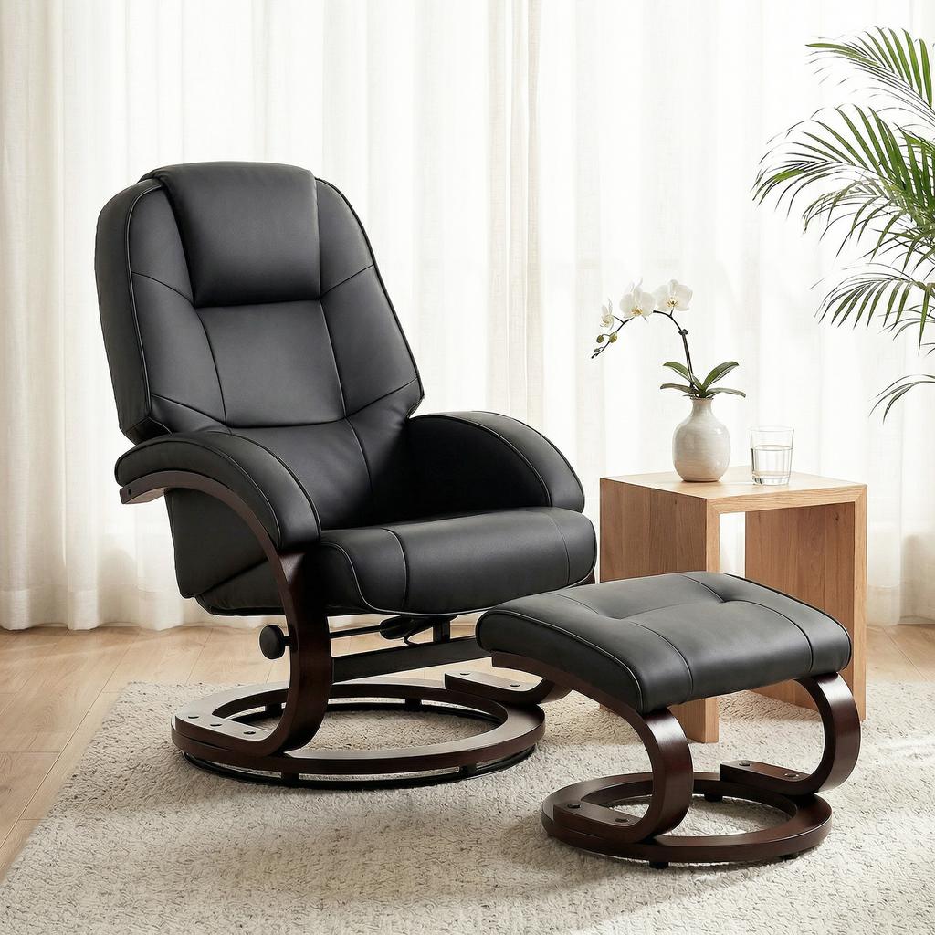Swivel Recliner Chair with Footstool, PU Leather Recliner Armchair with Adjustable Back and Wood Frame, Black