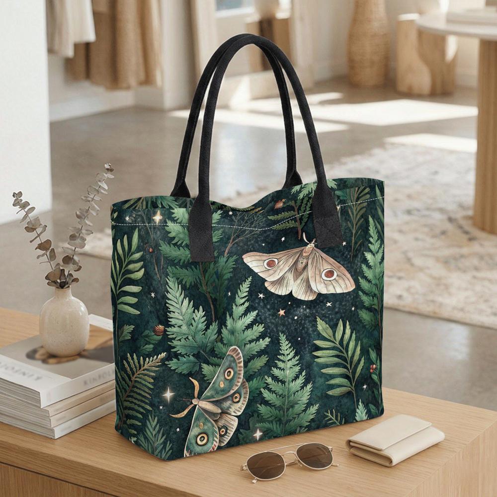 Cute Moth Fern Print Canvas Tote Bag Stylish Casual Daily Handbag for Women Portable Reusable Shopping Shoulder Bag