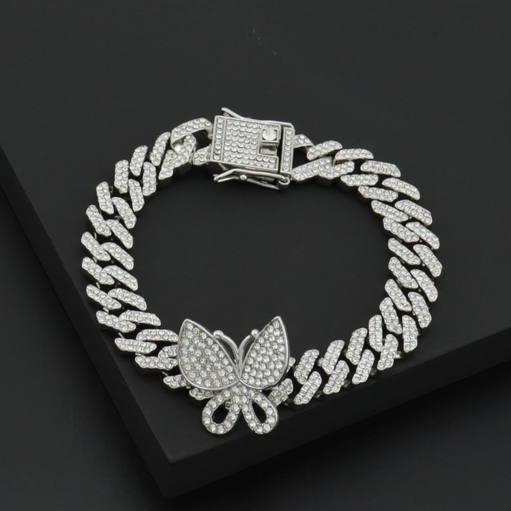 European American Hip Hop Butterfly Iced Out Bracelet, 12mm Full Diamond Rhombus Hiphop Punk Alloy Bracelet
