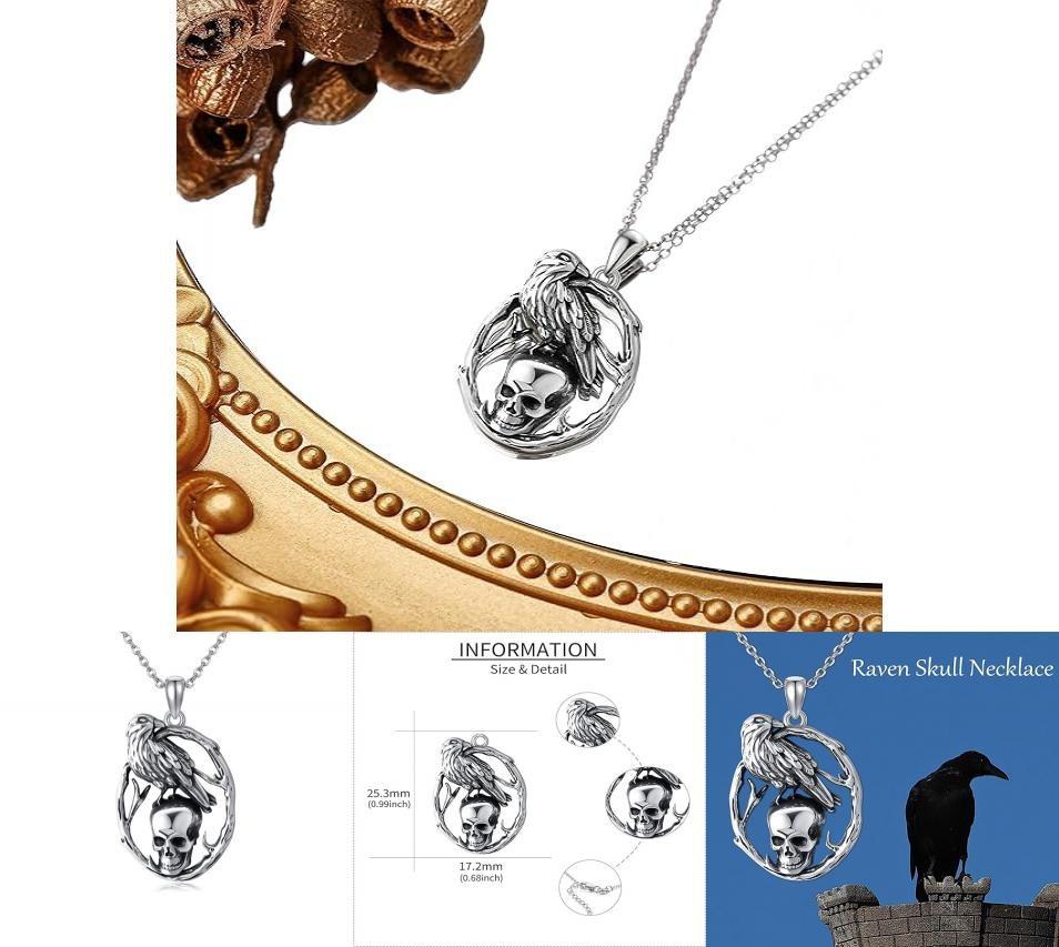 Halloween Skull Pendant Necklace With Crow Shape Design For Gothic Fashion Enthusiasts