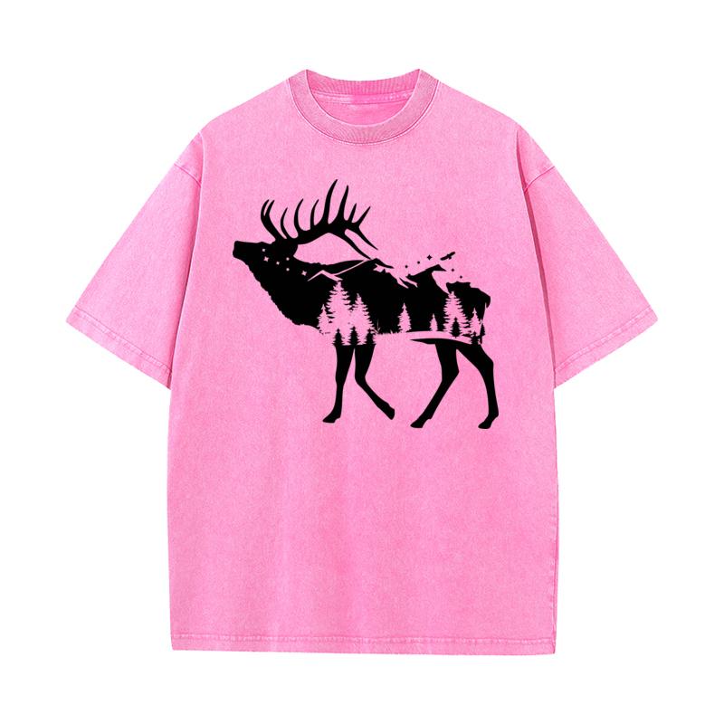 Short Sleeve Tees Christmas Round Neck Combed cotton Woman Washed Tshirts Round Neck Forest Elk Party Washed Tee Shirts Family