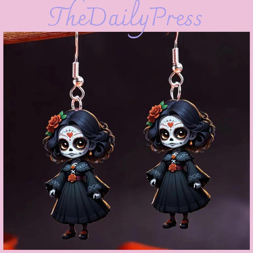 Themed Halloween Black Skull Rose Girl Four Pattern Women Earrings Acrylic