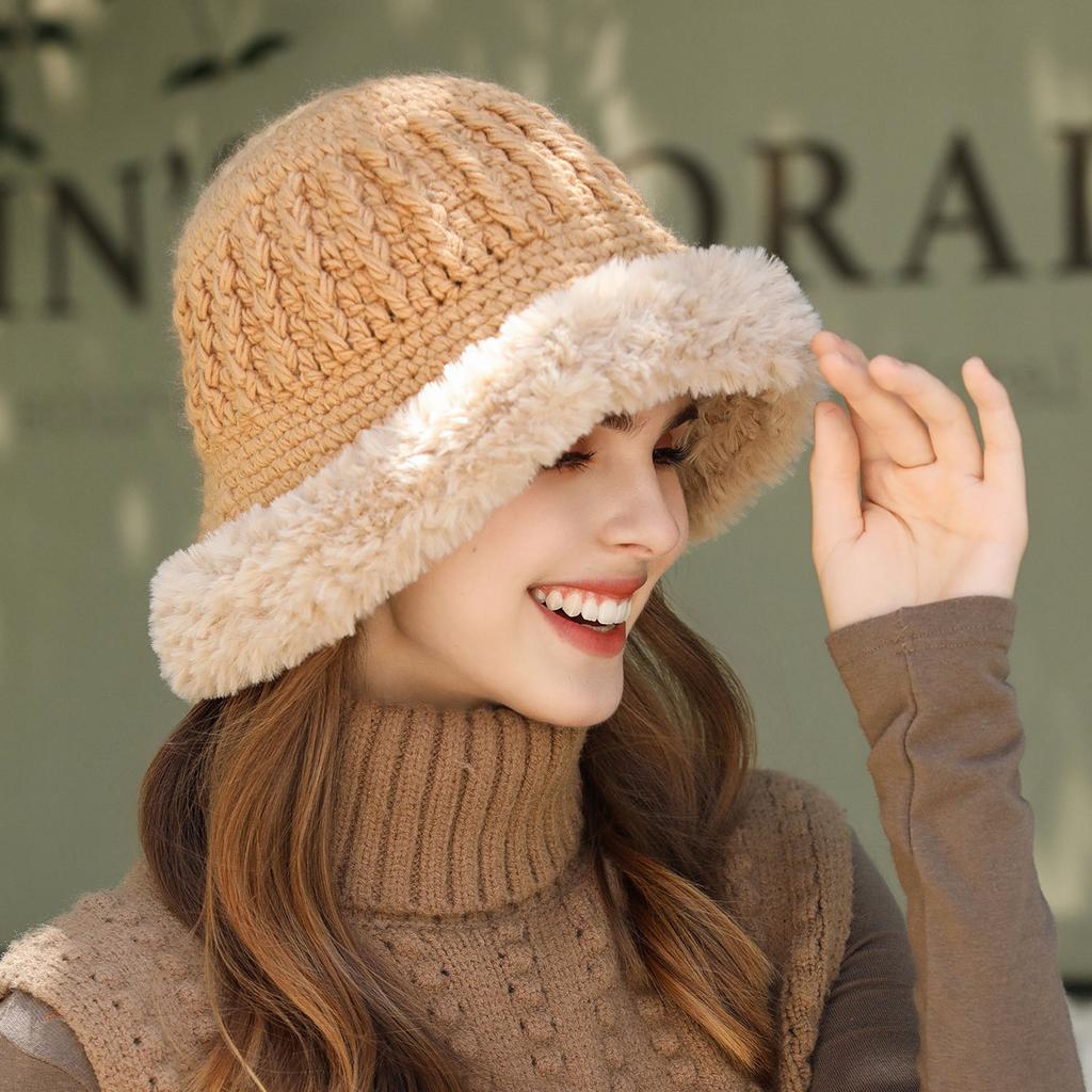 Plush edge knitted bucket hat women's autumn and winter warm versatile big head circumference showing face small wool bag head ear protection hat