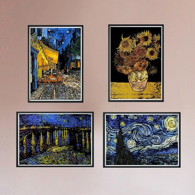 4 Pcs/Set 40.5X28.5 Cm Diy Scratch Painting Vincent Van Gogh Sunflowers The Starry Night Artwork Scratch Painting Drawing Toys