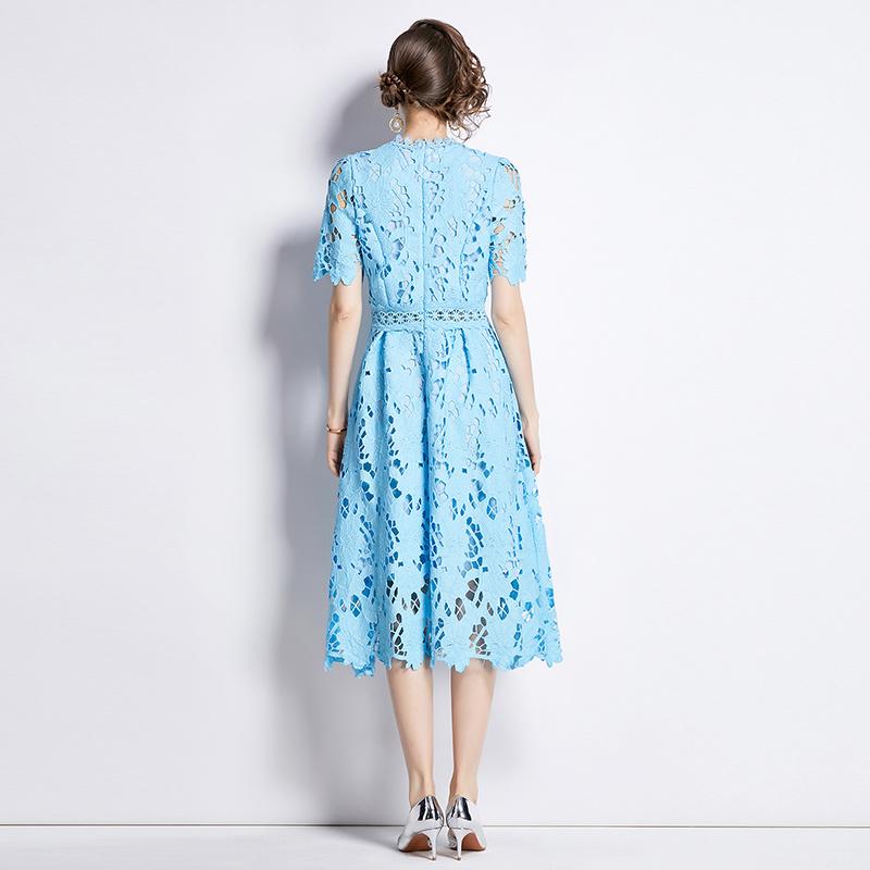 Καλοκαιρινά φορέματα για γυναίκες Vintage κοντό μανίκι με λαιμόκοψη ψηλή μέση με κούφιο κέντημα casual γυναικείο φόρεμα