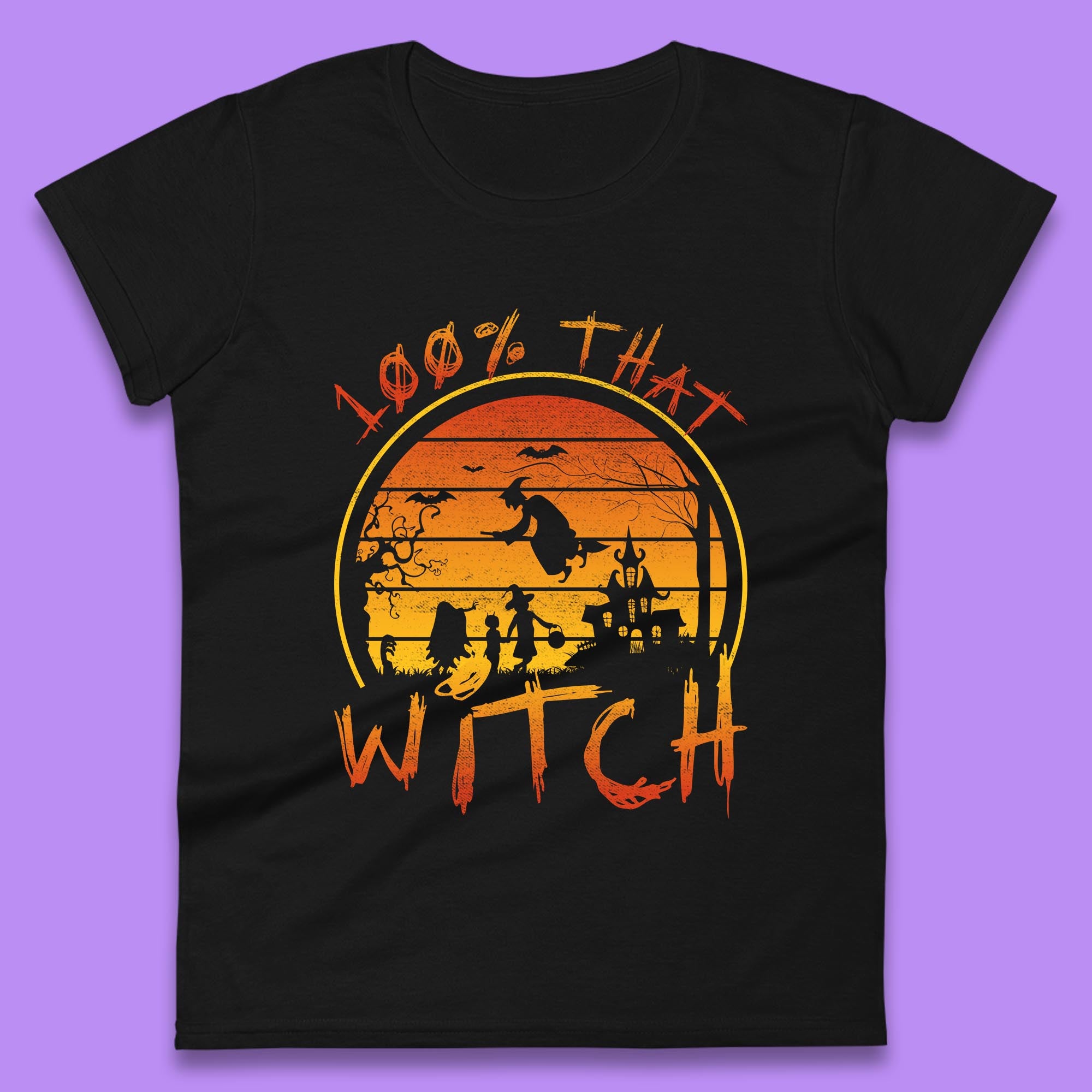 

100% That Witch Halloween Haunted Castle Flying Witch Scary Spooky Season Womens Tee T Shirt Mens Tops Unisex Top S