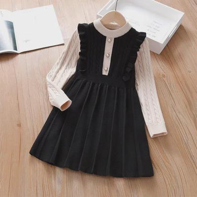 Langärmliges Strick-Pulloverkleid aus Spitze für Mädchen – Herbst/Winter im College-Stil