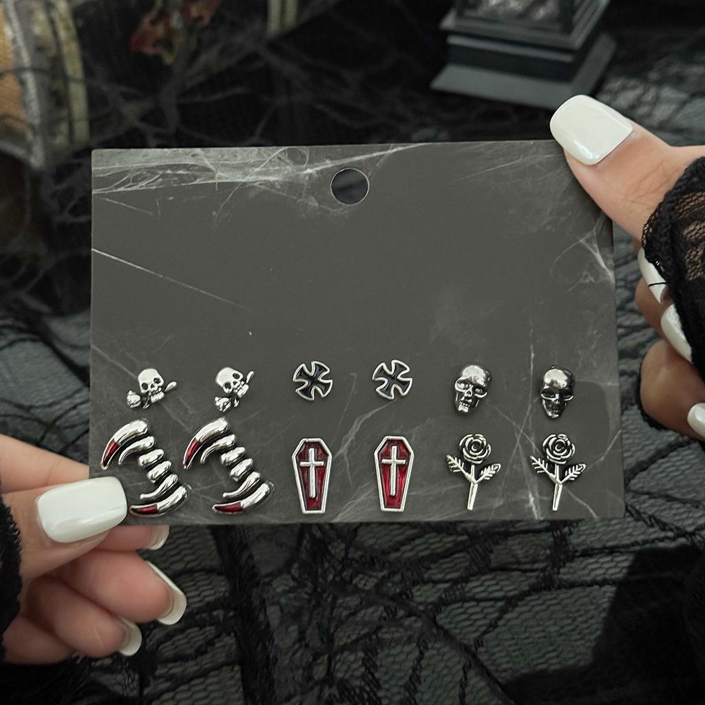 Creative Halloween Cartoon Oil Drip Ghost Pumpkin Stud Earrings Set Dark Wind Cross Skull Head Earrings