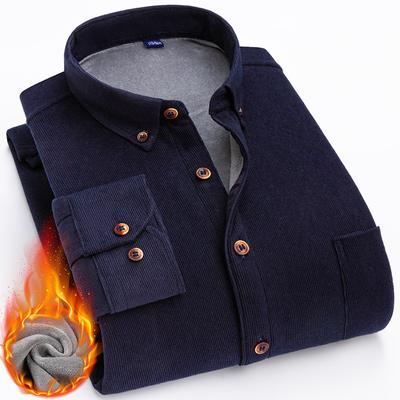 Pánska zimná teplá jednofarebná košeľa s dlhým rukávom podšitá menčestrová košeľa