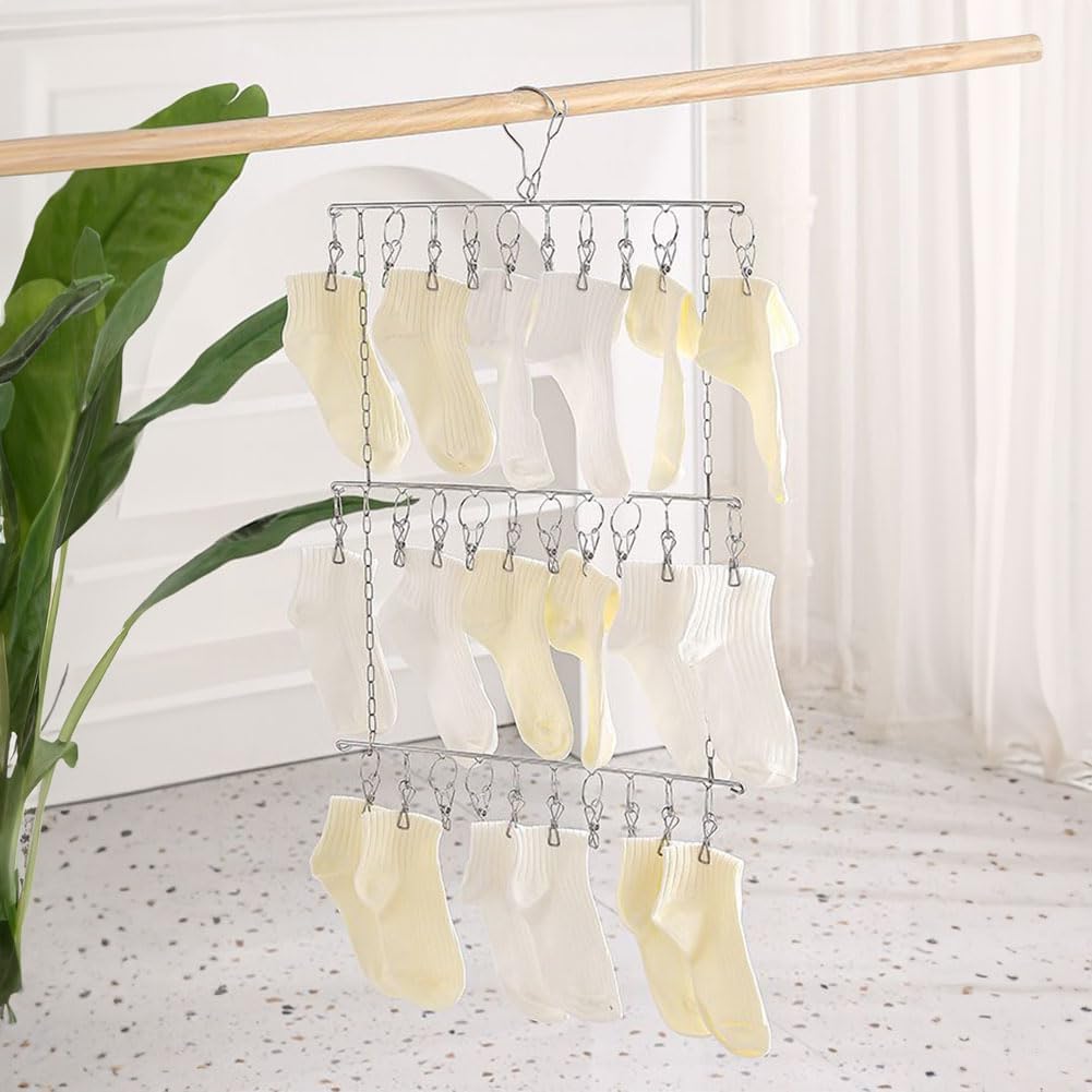 YTKJ 30 Clips Foldable Chain Hanger 3 Tier Stainless Steel Drying Rack Windproof Hook for Socks Underwear Ties Slim Vertical Space Saving Laundry
