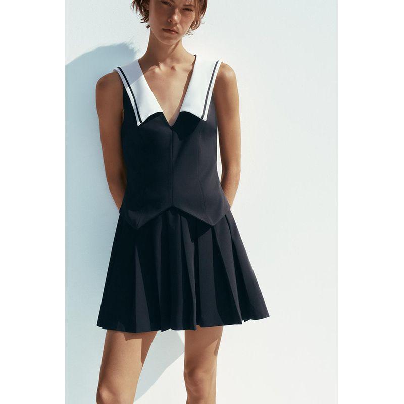 Spring and Summer Women's Clothing Navy Style Neckline Bowknot Decoration Wide Pleated V Neck Sleeveless Elegant Dress 4661393