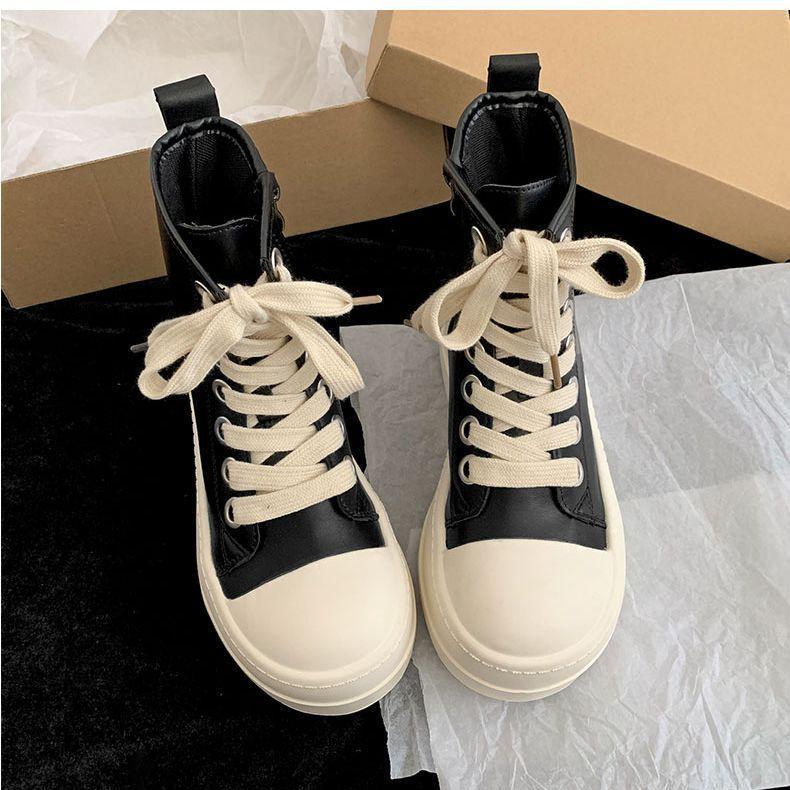 Black thick-soled high-top canvas shoes women's autumn new versatile heightening leather board shoes student casual shoes