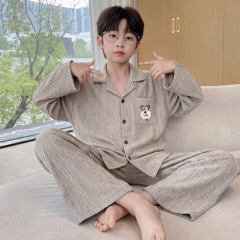 Boys Cotton Pajama Set Long Sleeve Hoodie Sleepwear Kids Teens 2026 Soft Cloud Home Wear