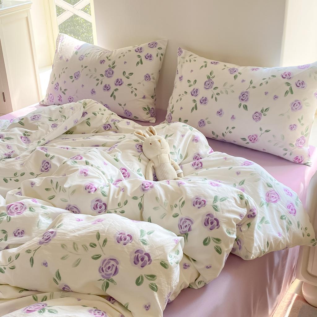 3-piece plant-flower printed bed cover (1* bed cover +2* pillowcase, no filling) Soft, comfortable and breathable bedding