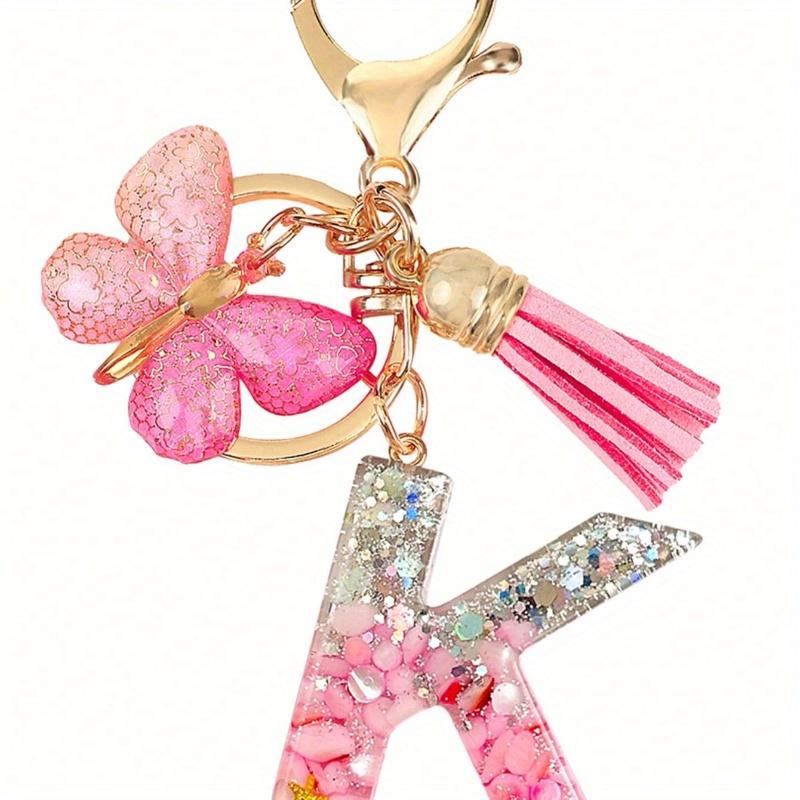 Personalized Bling Monogram Keychain for Women - Resin Letter Charm with Silvery Glitter, Pink Pebble & Gold Star Shaker - Birthday Gifts for Her
