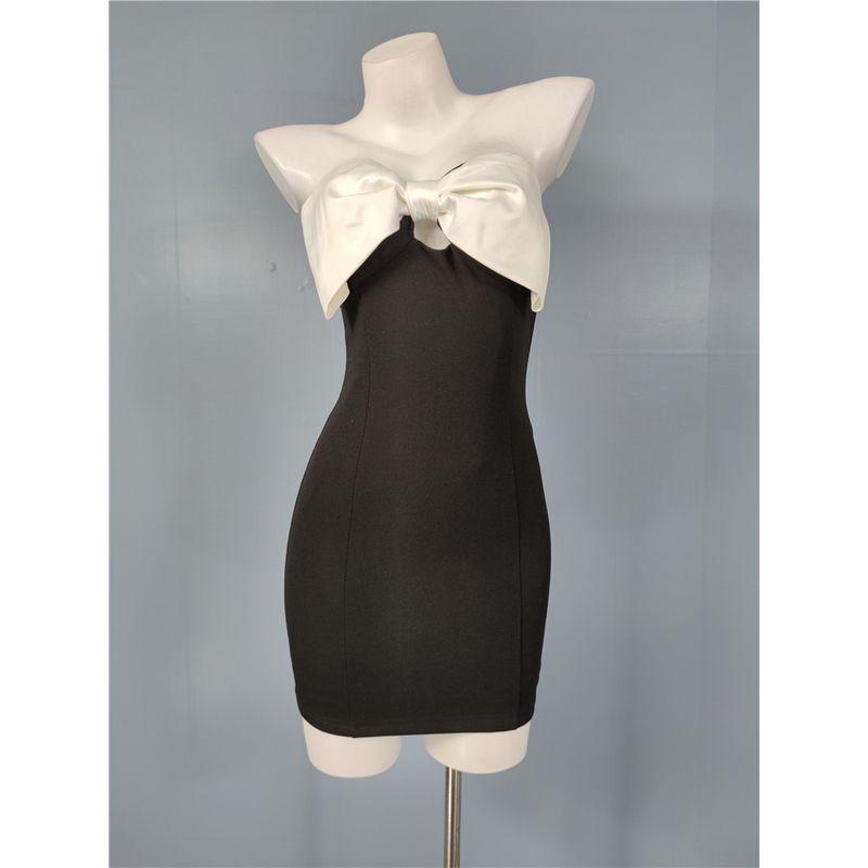 

Foreign Trade Order Patchwork Black and White Bow Sexy Gyaru Versitile Fashion Small Short Sheath Temperament Dress Black and White L