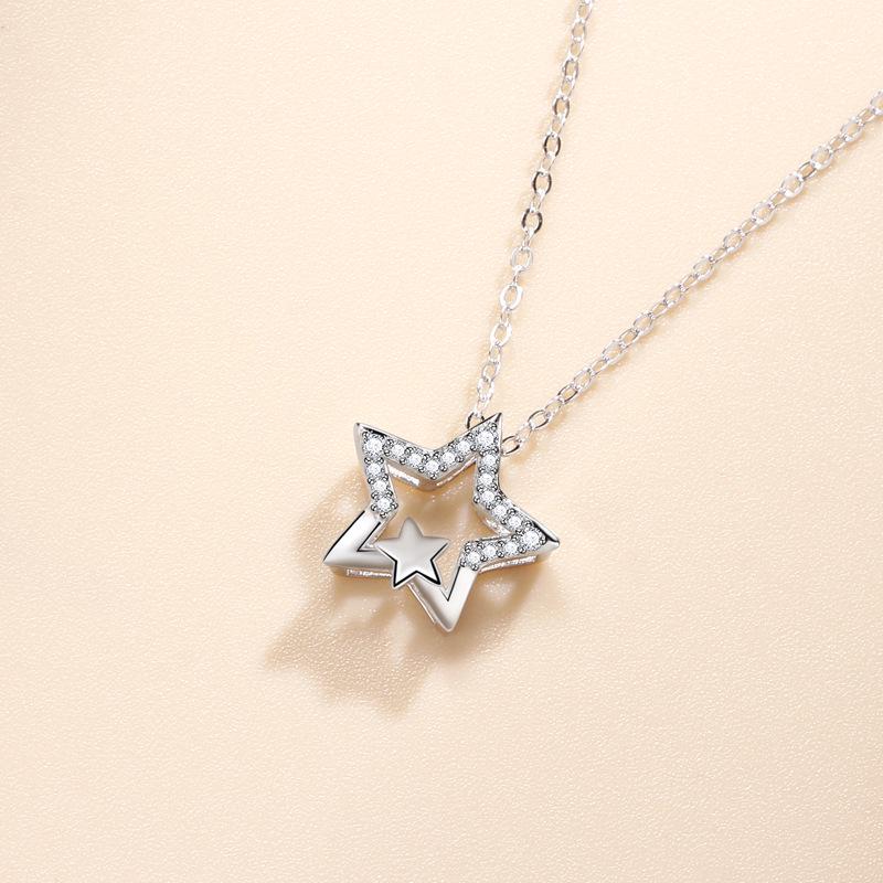 925 Sterling Silver Five-Pointed Star Pendant Necklace with Rhinestones - Versatile Korean Style 925 Silver белого золота