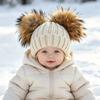 Kids Warm Knitted Beanie Hat With Double Pom Poms Striped Roll Edge Unisex Winter Cap Toddlers Children