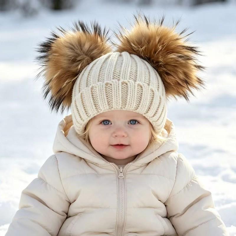 Kids Warm Knitted Beanie Hat With Double Pom Poms Striped Roll Edge Unisex Winter Cap Toddlers Children