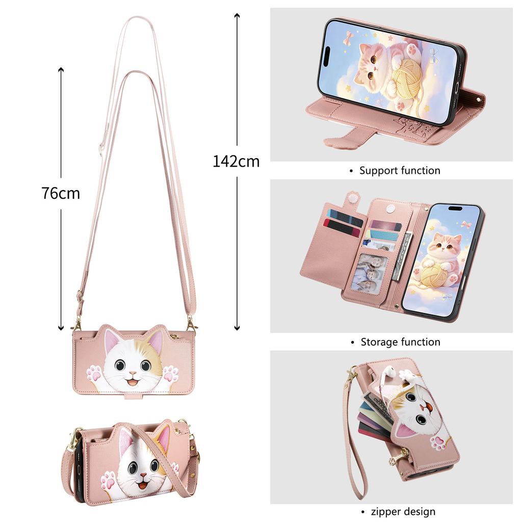 Cute Cat Crossbody long Lanyard Flip Wallet Leather Case for iPhone 17 Pro max 16 15 14 13 12 11 Shockproof Book Stand Cover