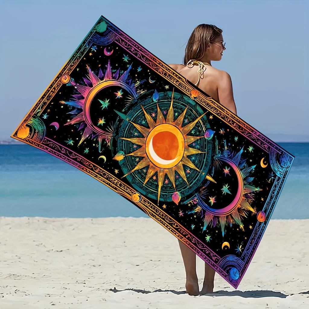 1pc Bohemian Sun, Moon & Starry Night Beach Towel - Ultra-Soft Microfiber Quick-Dry Large Rectangular Bath Towel with Vibrant
