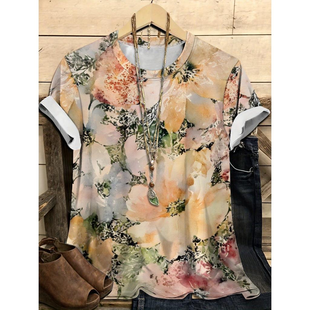 Letní dámské tričko s kulatým výstřihem, květinovým vzorem a 3D potiskem, módní, ležérní, s krátkým rukávem